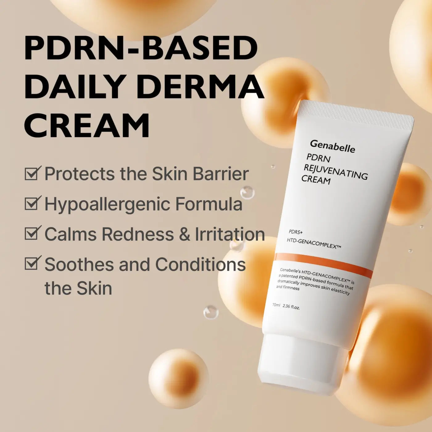 White tube of genabelle pdrn rejuvenating cream 70ml with orange band and minimalist text korean skincare south
