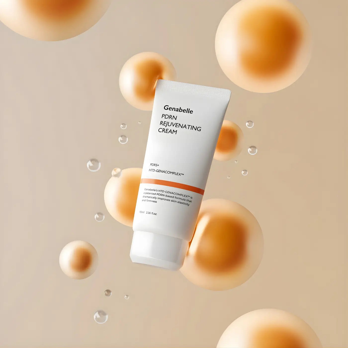 A sleek white tube of genabelle pdrn rejuvenating cream 70ml with minimalist design and orange accent for korean skincare south