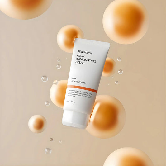 A sleek white tube of genabelle pdrn rejuvenating cream 70ml with minimalist design and orange accent for korean skincare south
