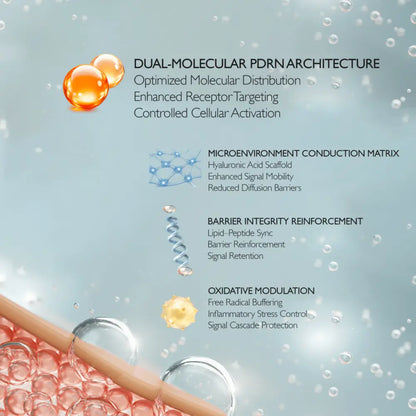 Scientific illustration of pdrn rejuvenating cream 70ml showing translucent orange molecular spheres in korean skincare south