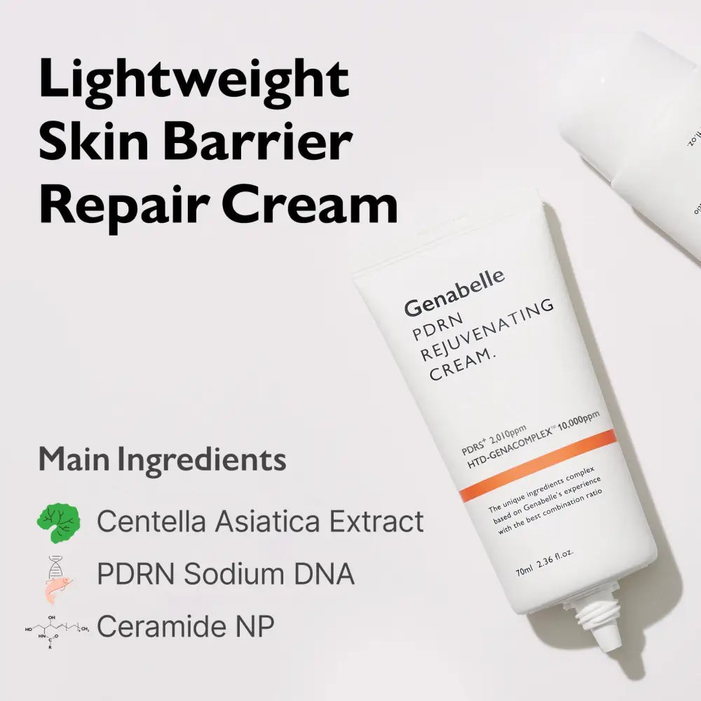 White tube of Genabelle PDRN rejuvenating cream 70ml with orange stripe and white pump dispenser for Korean skincare South