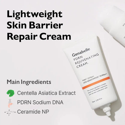 White tube of Genabelle PDRN rejuvenating cream 70ml with orange stripe and white pump dispenser for Korean skincare South