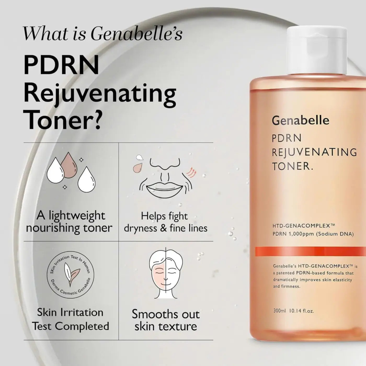 Genabelle pdrn rejuvenating toner 300ml in a transparent amber bottle with white cap and peach-colored skin toner liquid