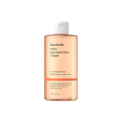Genabelle pdrn rejuvenating toner 300ml in a translucent peach bottle with white cap and minimalist black label for skin care