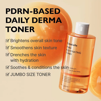 Genabelle pdrn rejuvenating toner 300ml in a clear orange bottle with white cap for skin revitalization