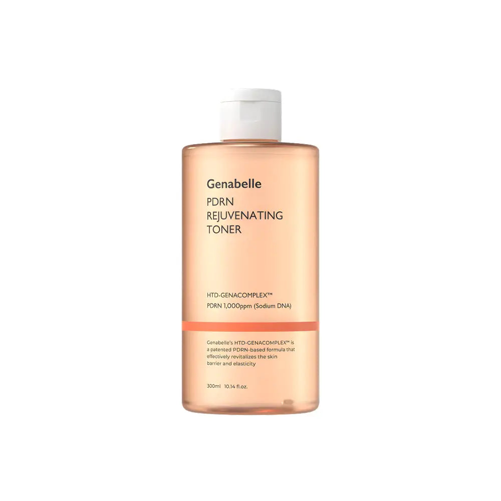Genabelle pdrn rejuvenating toner 300ml in a translucent peach bottle with white cap and minimalist black labeling for skin