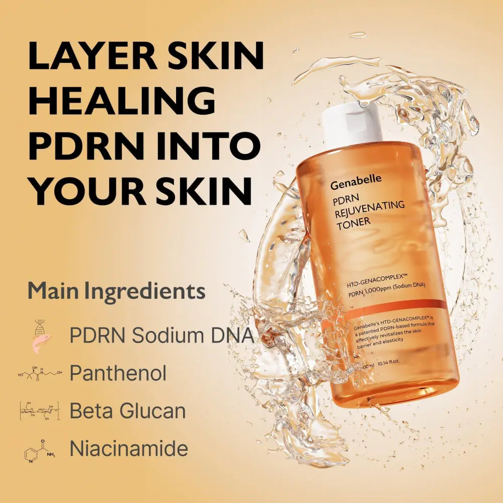 Genabelle pdrn rejuvenating toner in a transparent amber bottle with white cap contains 10.14 fl oz for skin care