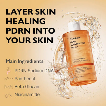 Genabelle pdrn rejuvenating toner in a transparent amber bottle with white cap contains 10.14 fl oz for skin care