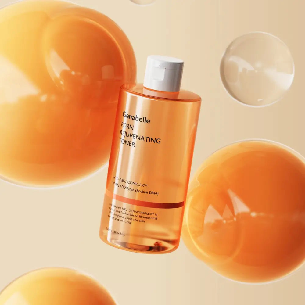 Genabelle pdrn rejuvenating toner 300ml in a transparent amber bottle with white cap for skin revitalization