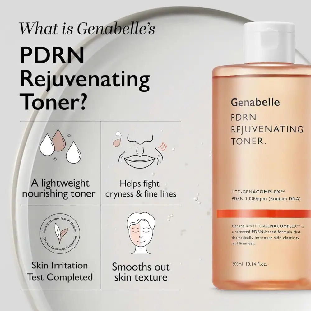 Genabelle pdrn rejuvenating toner 300ml in a transparent amber bottle with white cap containing peach-colored skin toner