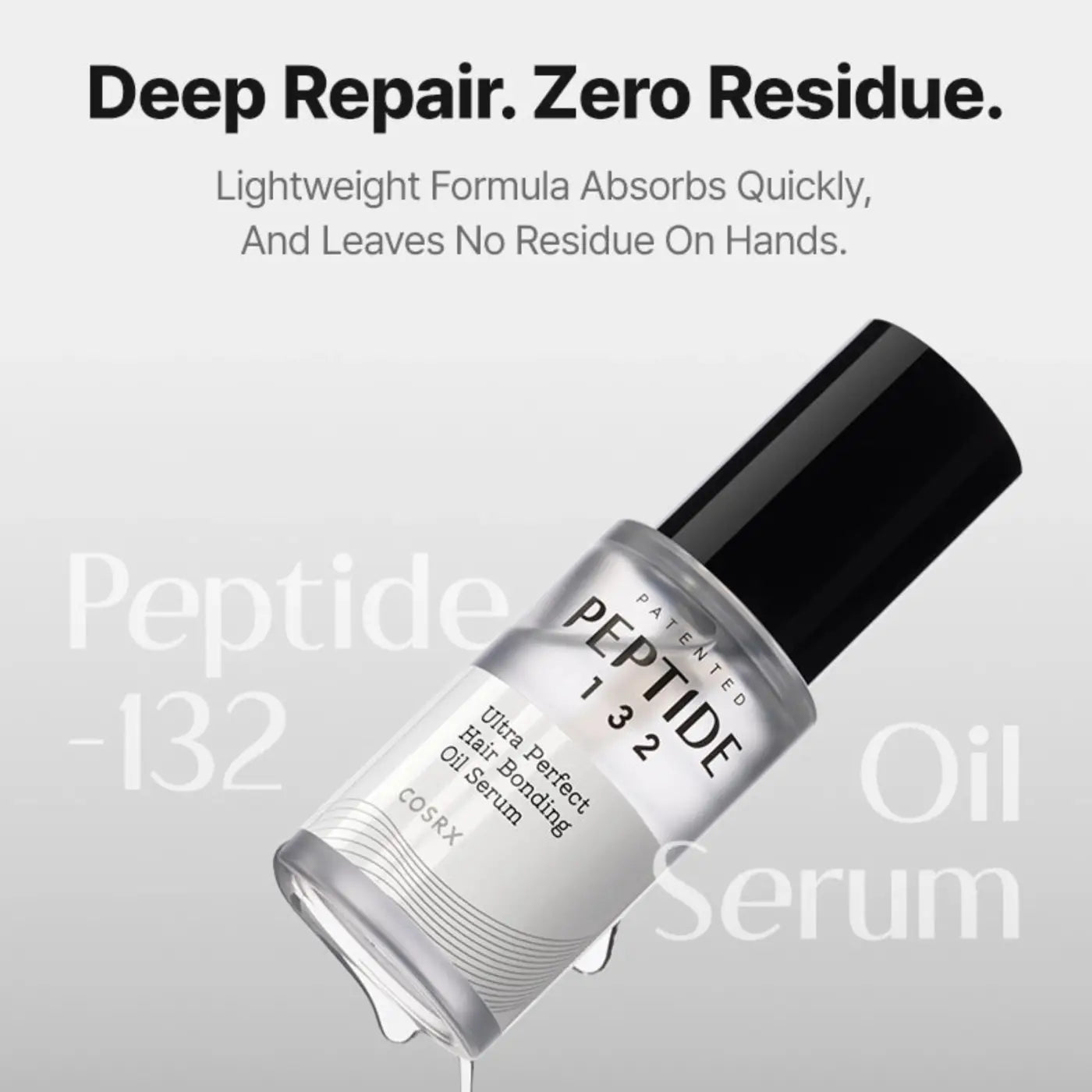 Clear glass bottle with black cap containing transparent cosrx peptide 132 ultra perfect hair bonding oil serum