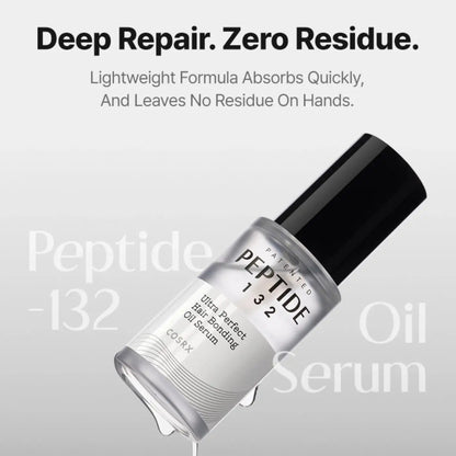 Clear glass bottle with black cap containing transparent cosrx peptide 132 ultra perfect hair bonding oil serum