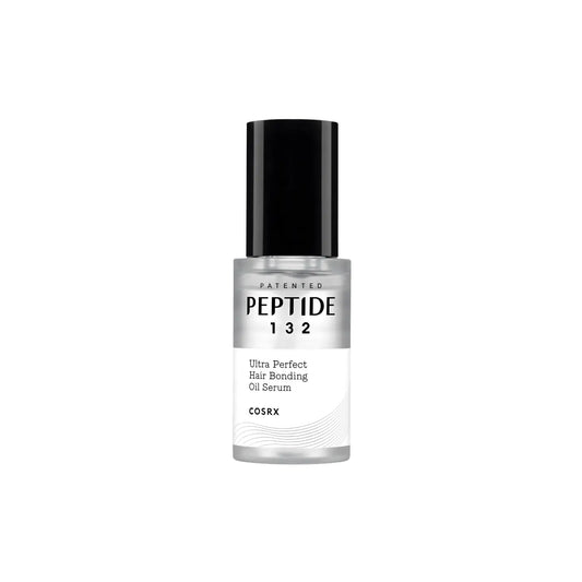 A sleek transparent glass bottle of cosrx peptide-132 ultra perfect hair bonding oil serum with a black cap and white label