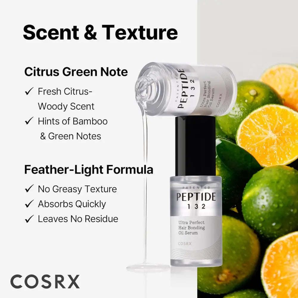 Clear glass bottle with black cap containing transparent ultra perfect hair bonding oil serum by cosrx