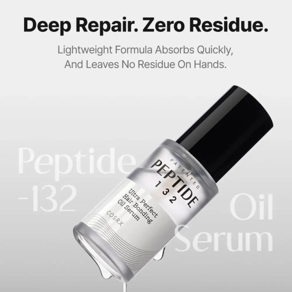 Clear glass bottle with black cap containing transparent bonding oil serum for ultra perfect hair by cosrx