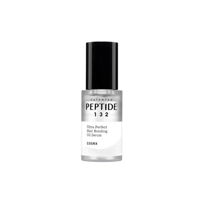 A sleek transparent glass bottle with black cap labeled cosrx peptide-132 ultra perfect hair bonding oil serum