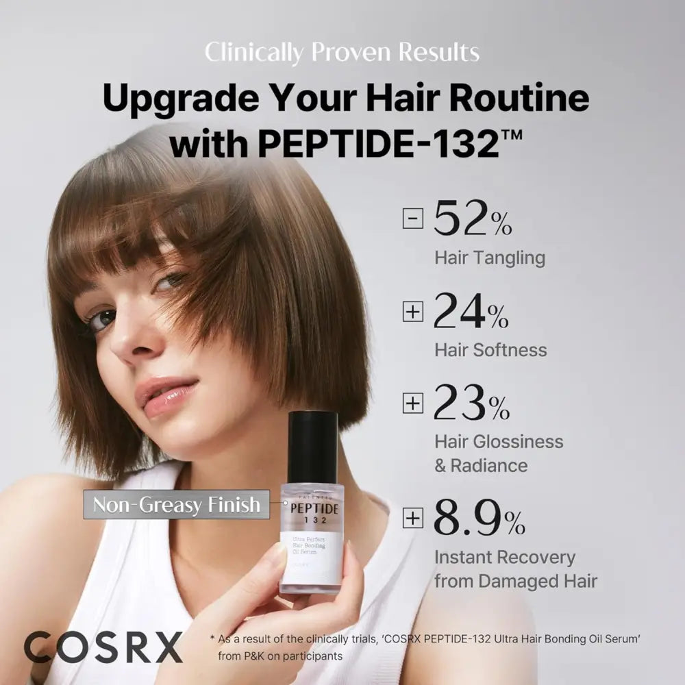 A sleek transparent bottle with black cap holds cosrx peptide-132 ultra perfect hair bonding oil serum