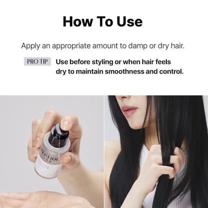 A sleek silver spray bottle with black nozzle labeled peptide 12 for ultra perfect hair bonding oil serum use