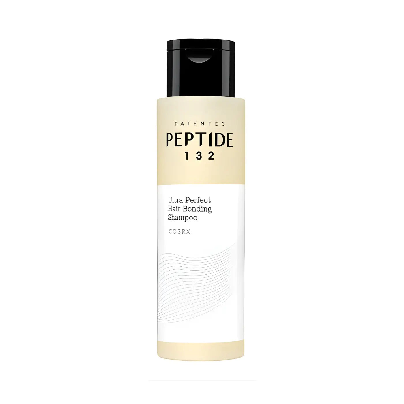 A sleek minimalist cosrx peptide 132 ultra perfect hair bonding shampoo bottle with a black flip-top cap and beige label