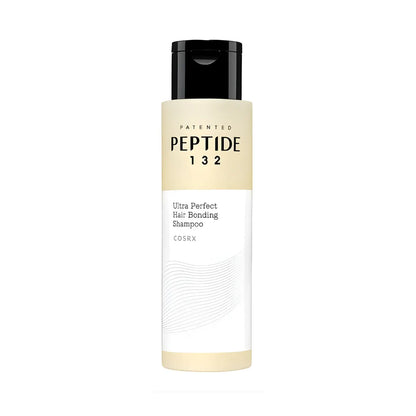 A sleek minimalist cosrx peptide 132 ultra perfect hair bonding shampoo bottle with a black flip-top cap and beige label