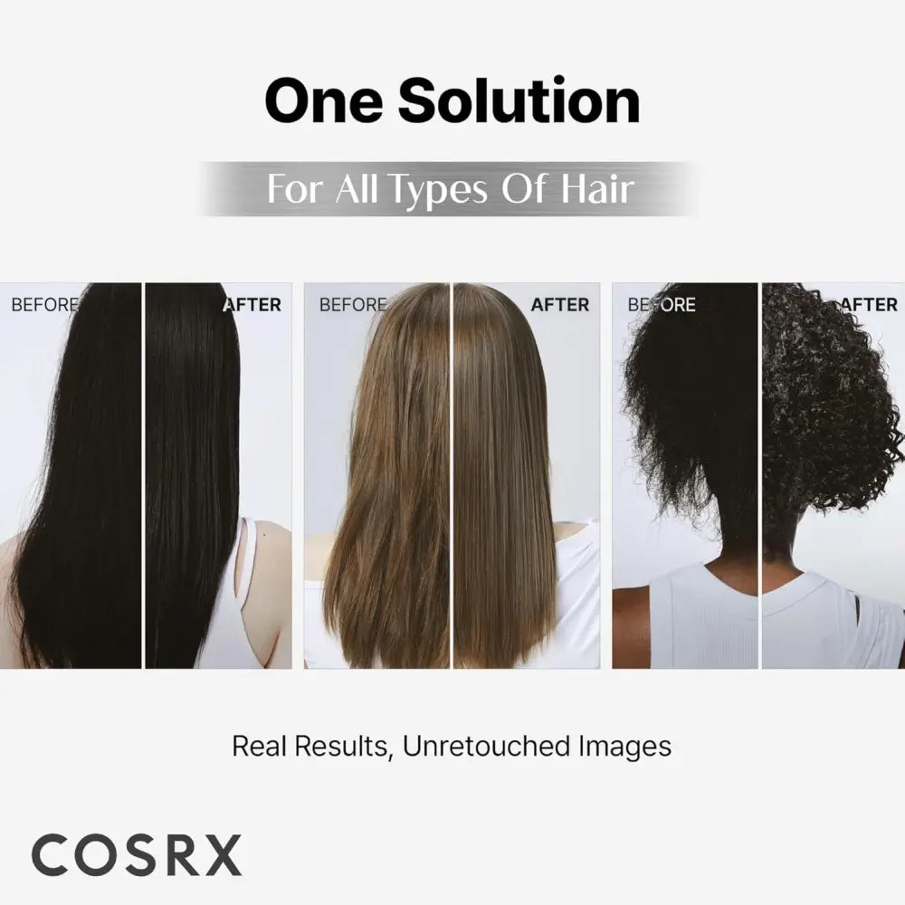 Cosrx peptide-132 ultra perfect hair bonding shampoo showing before-and-after results for all hair types