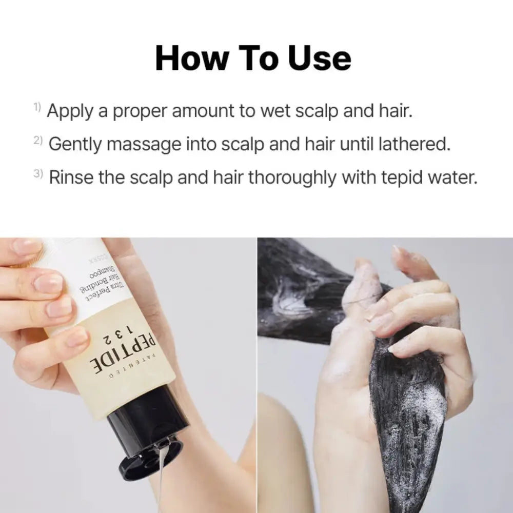 A creamy beige bottle of peptide 132 ultra perfect hair bonding shampoo with a sleek black cap and minimalist white label