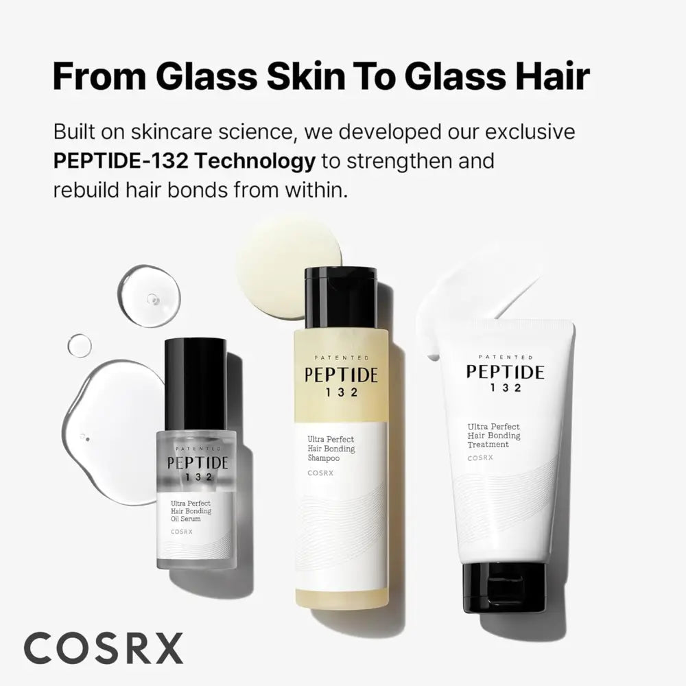 The cosrx peptide-132 ultra perfect hair bonding shampoo set features sleek white and transparent bottles with black caps