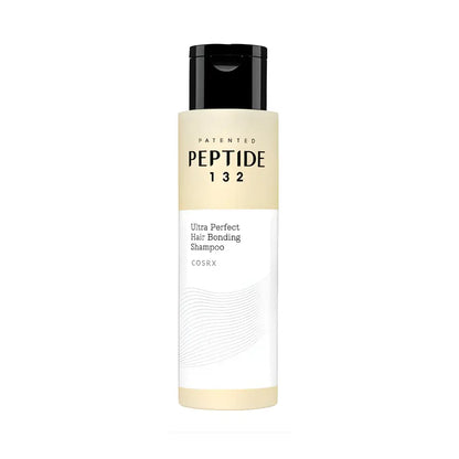 A sleek minimalist cosrx peptide 132 ultra perfect hair bonding shampoo bottle with black cap and beige wave label