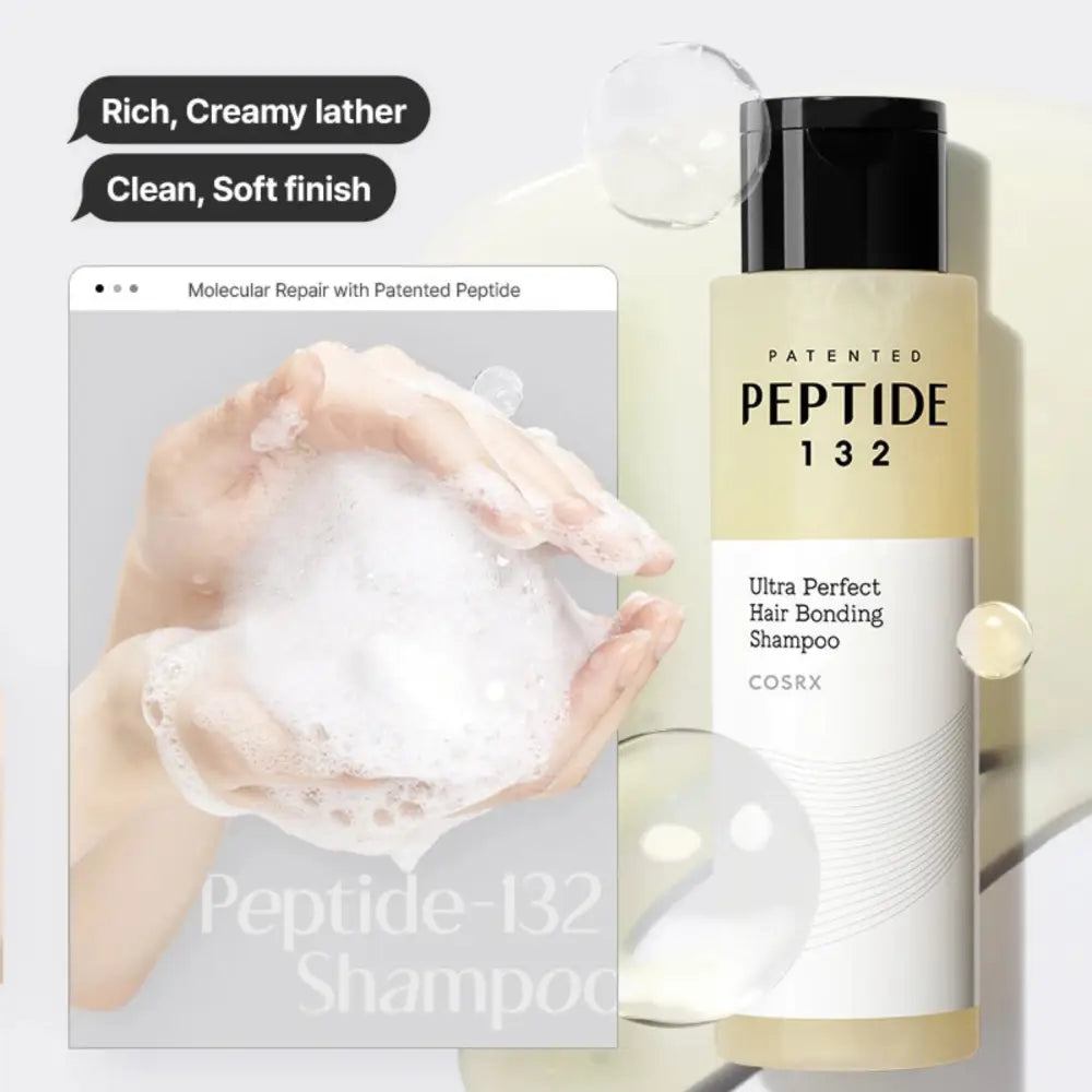A sleek transparent bottle with black cap contains cosrx peptide 132 ultra perfect hair bonding shampoo