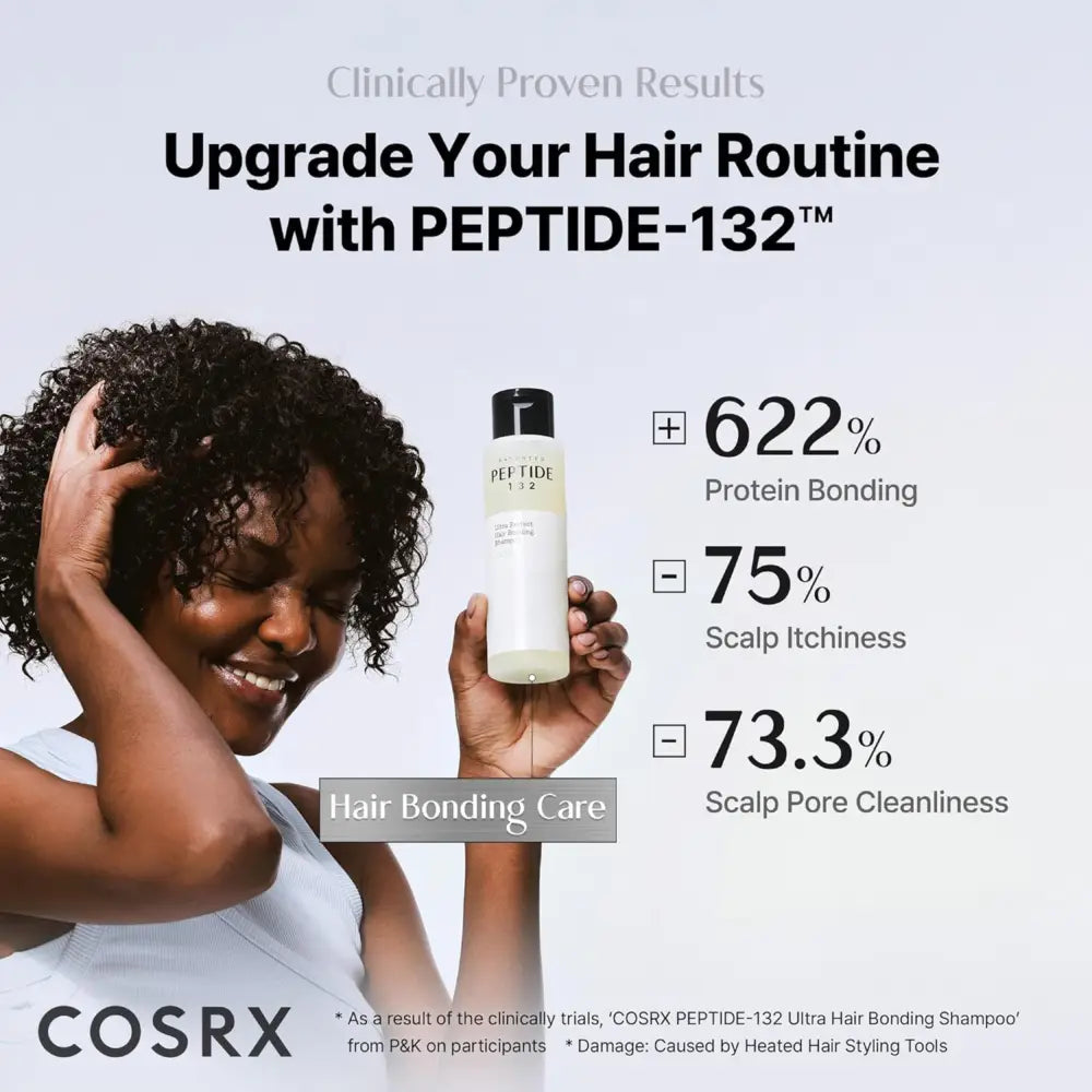 A sleek white bottle with black cap labeled peptide-132 contains cosrx peptide-132 ultra perfect hair bonding shampoo
