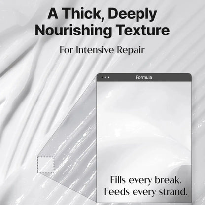 A transparent thickly textured nourishing hair bonding treatment formula in a sleek digital window for ultra perfect hair