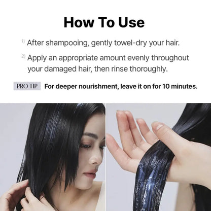 A glossy black peptide-132 ultra perfect hair bonding treatment being applied to damp dark hair for perfect hair bonding
