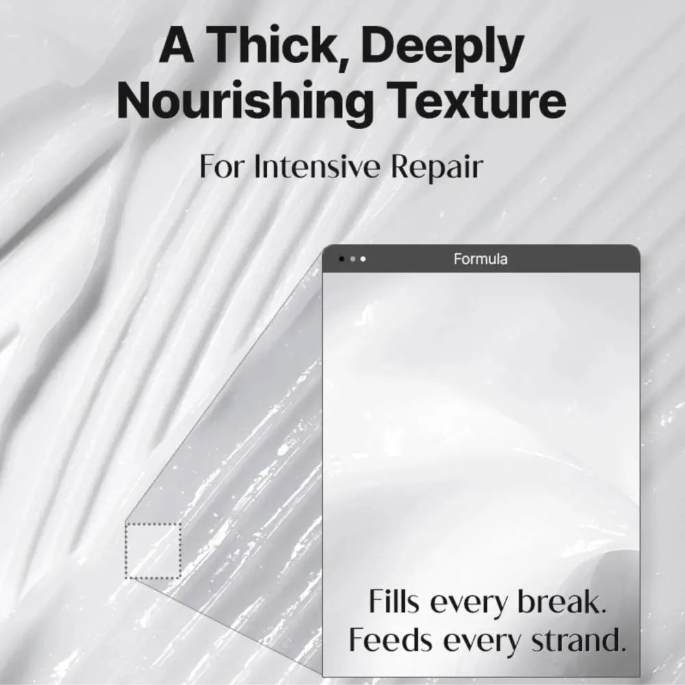 A transparent thickly textured nourishing hair bonding treatment formula in a sleek digital interface for ultra perfect hair