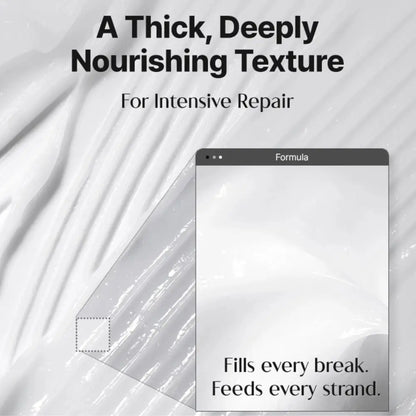 A transparent thickly textured nourishing hair bonding treatment formula in a sleek digital interface for ultra perfect hair
