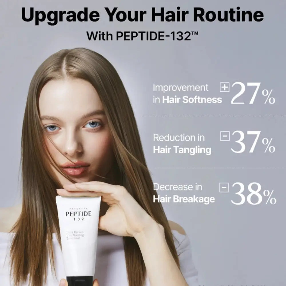 White tube of peptide-132 ultra perfect hair bonding treatment with black cap featuring minimalist branding for perfect hair bonding