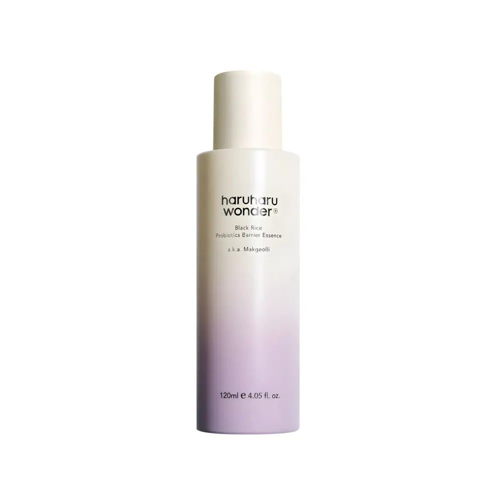 A sleek gradient ombre haruharu wonder black rice probiotics barrier essence in frosted glass with matte white cap for authentic k-beauty