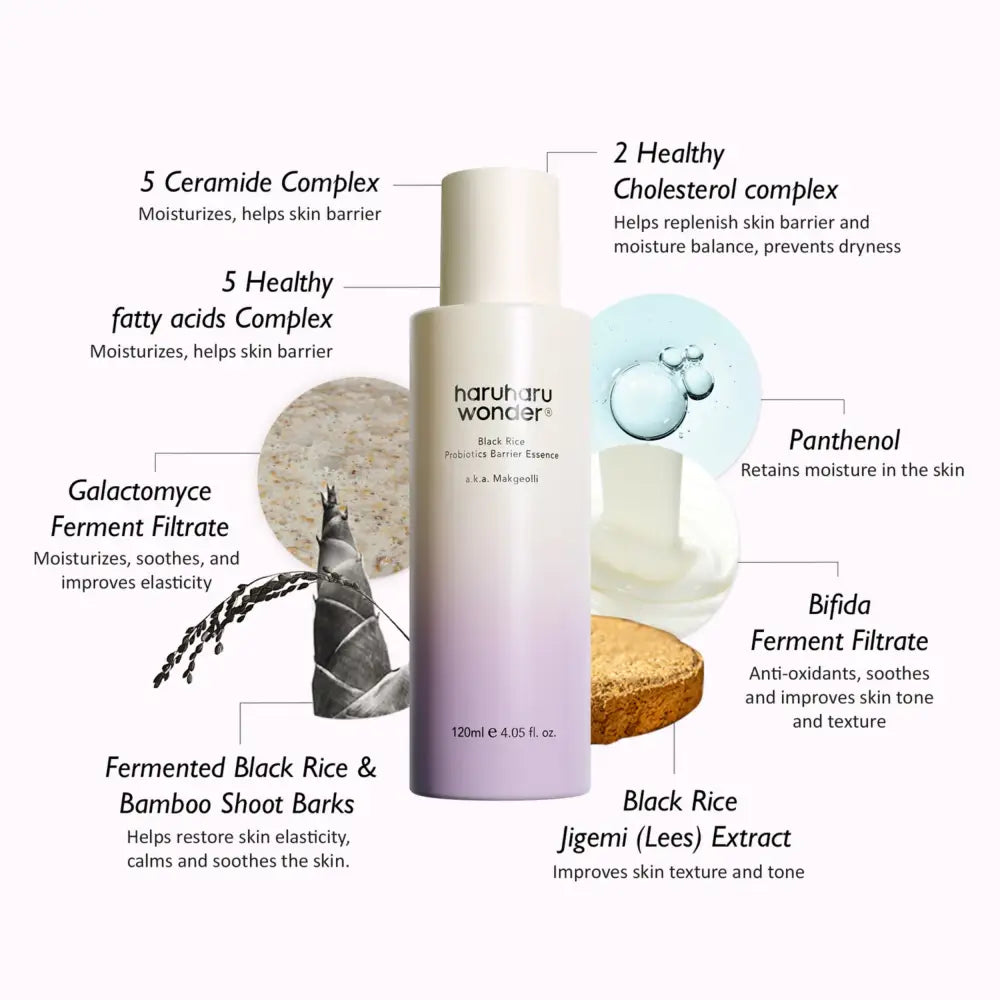 A sleek gradient purple to white cylindrical bottle of haruharu wonder black rice probiotic barrier essence for authentic k-beauty in south africa