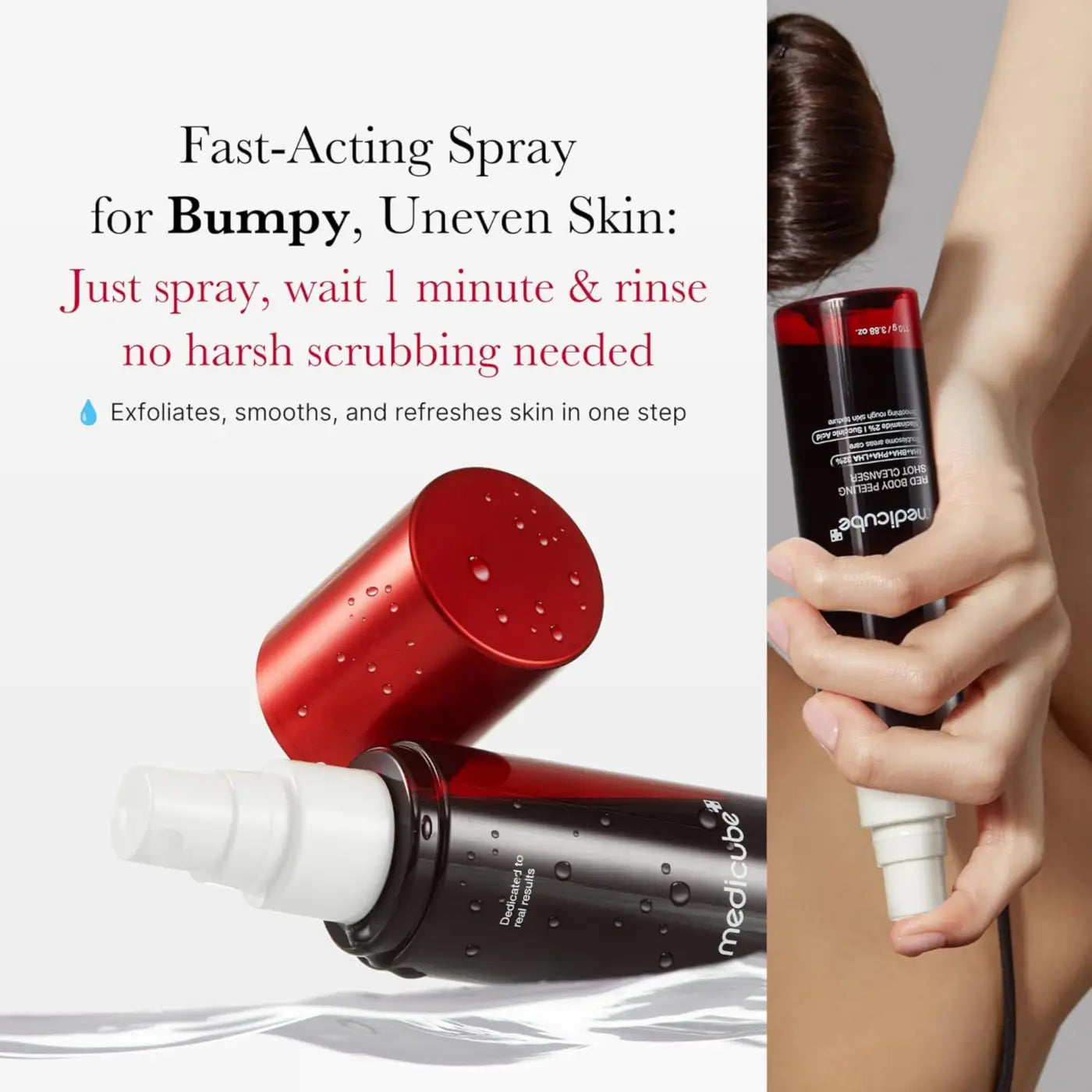 Red and black medicube spray bottle labeled red acne body peeling shot for fast-acting acne body peeling 110g