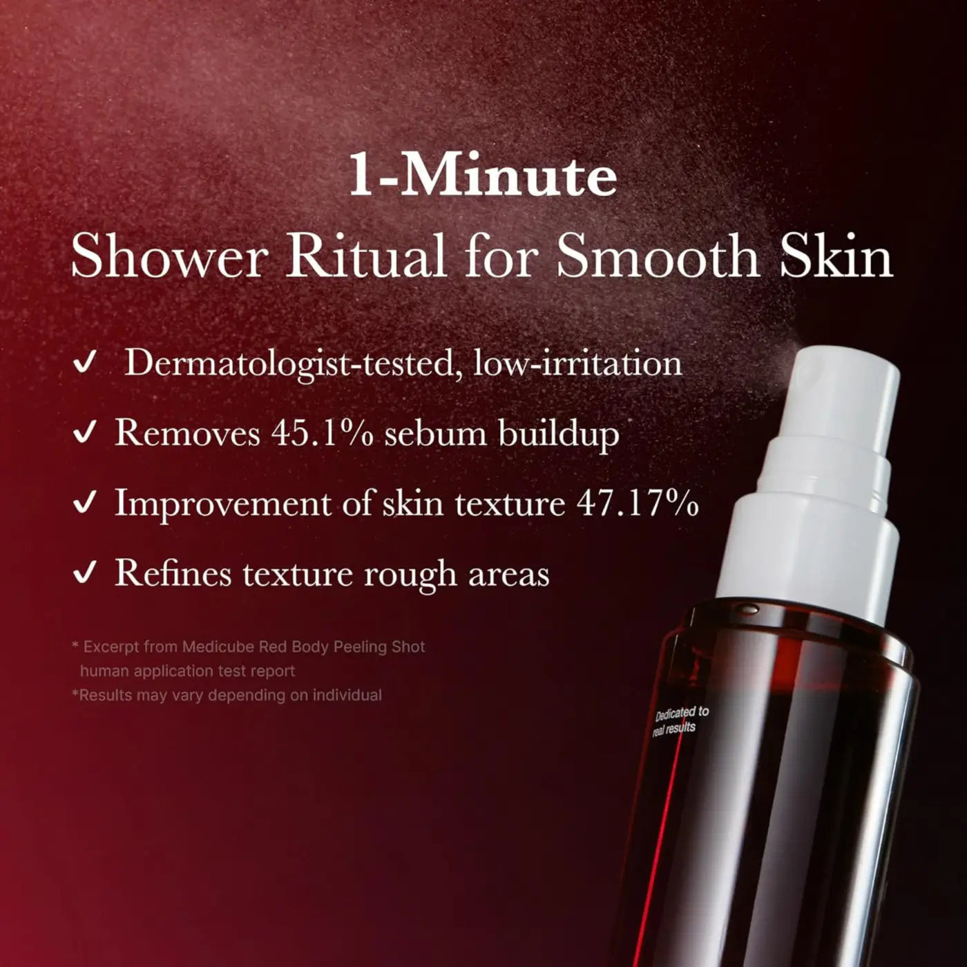 Dark amber glass spray bottle with white nozzle featuring medicube red acne body peeling shot label 110g body peeling shot