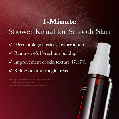 Dark amber glass spray bottle with white nozzle featuring medicube red acne body peeling shot label 110g body peeling shot