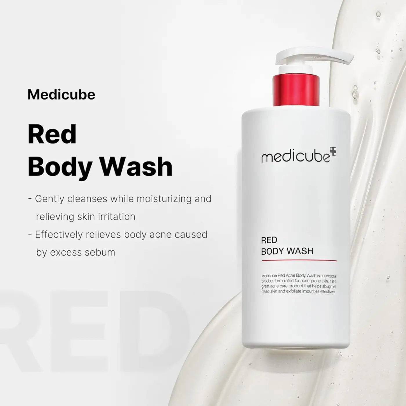 White pump bottle of medicube red acne body wash 400g with red cap and minimalist black text from best korean skincare brands sa