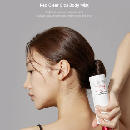 White and red cylindrical bottle of red clear cica body mist 200ml for refreshing clear cica body care
