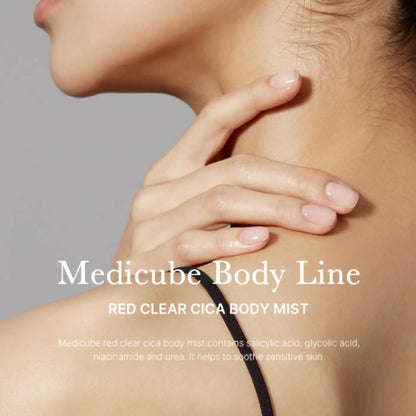 Medicube red clear cica body mist 200ml in a sleek transparent spray bottle with black accents and minimalist white labeling