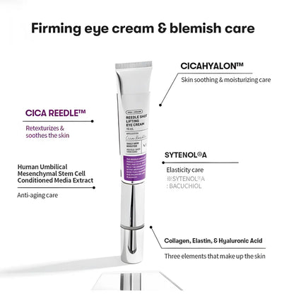 Silver tube of reedle shot lifting eye cream 15ml with purple label and white cap for lifting eye care