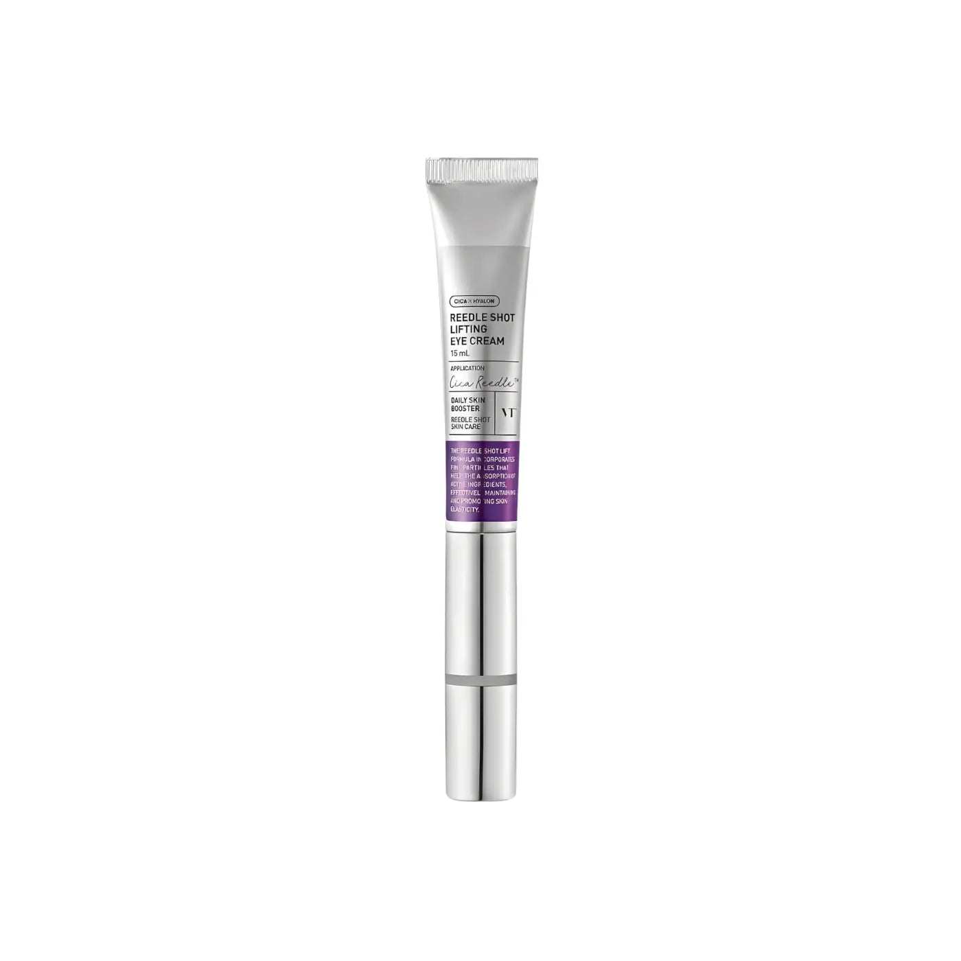 Silver tube of Laneige reedle shot lifting eye cream 15ml with purple label and metallic cap for shot lifting eye care