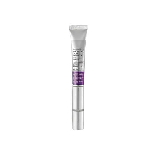 Silver tube of Laneige reedle shot lifting eye cream 15ml with purple label and metallic cap for shot lifting eye care