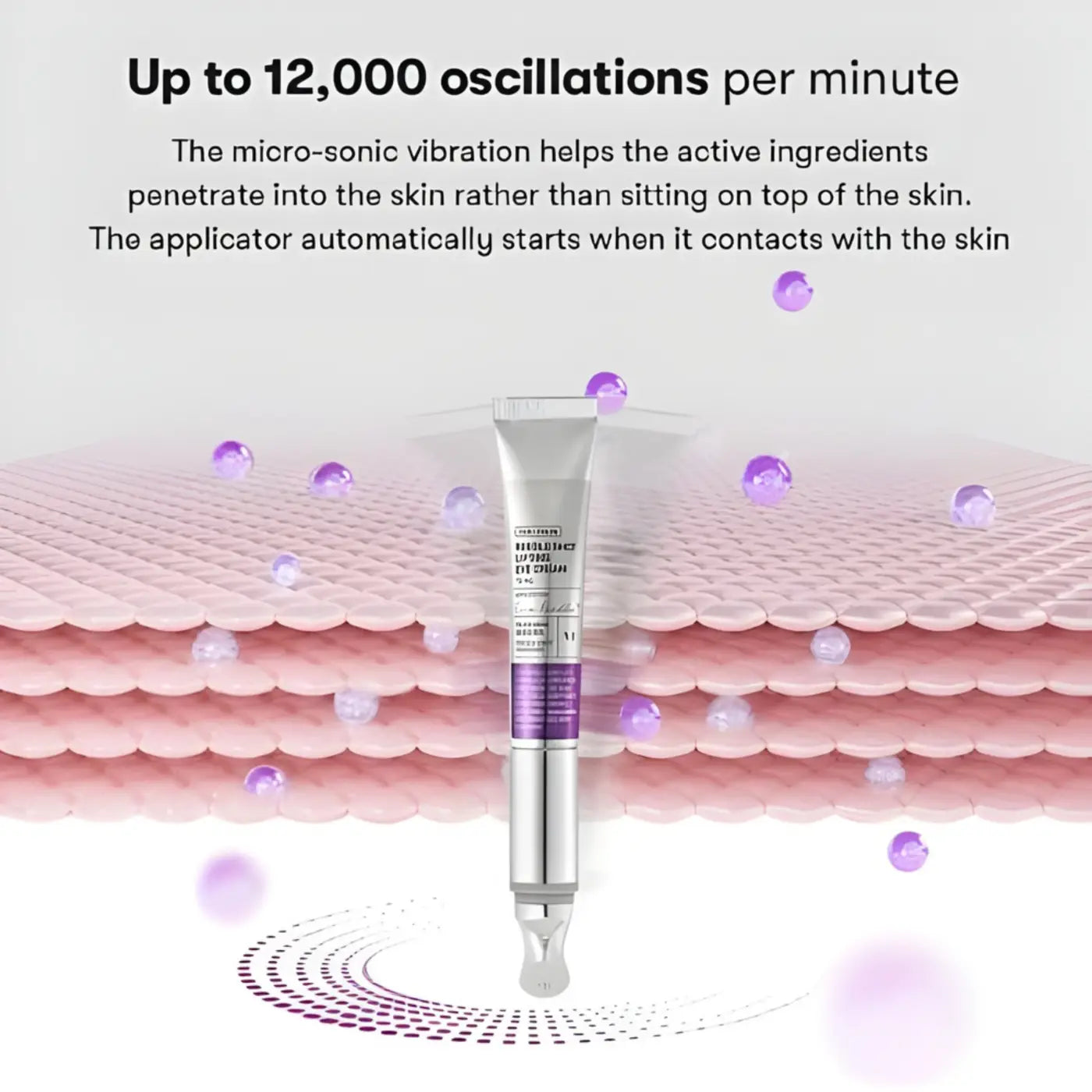 Silver and purple reedle shot lifting eye cream applicator with micro-sonic cylindrical design for lifting eye cream use
