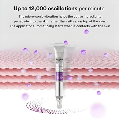 Silver and purple reedle shot lifting eye cream applicator with micro-sonic cylindrical design for lifting eye cream use