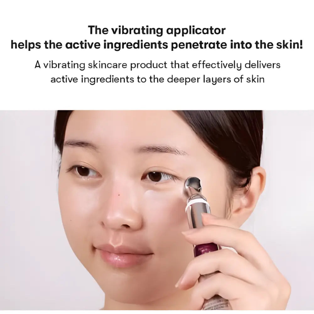 Silver and purple vibrating skincare applicator for reedle shot lifting eye cream with sleek cylindrical design