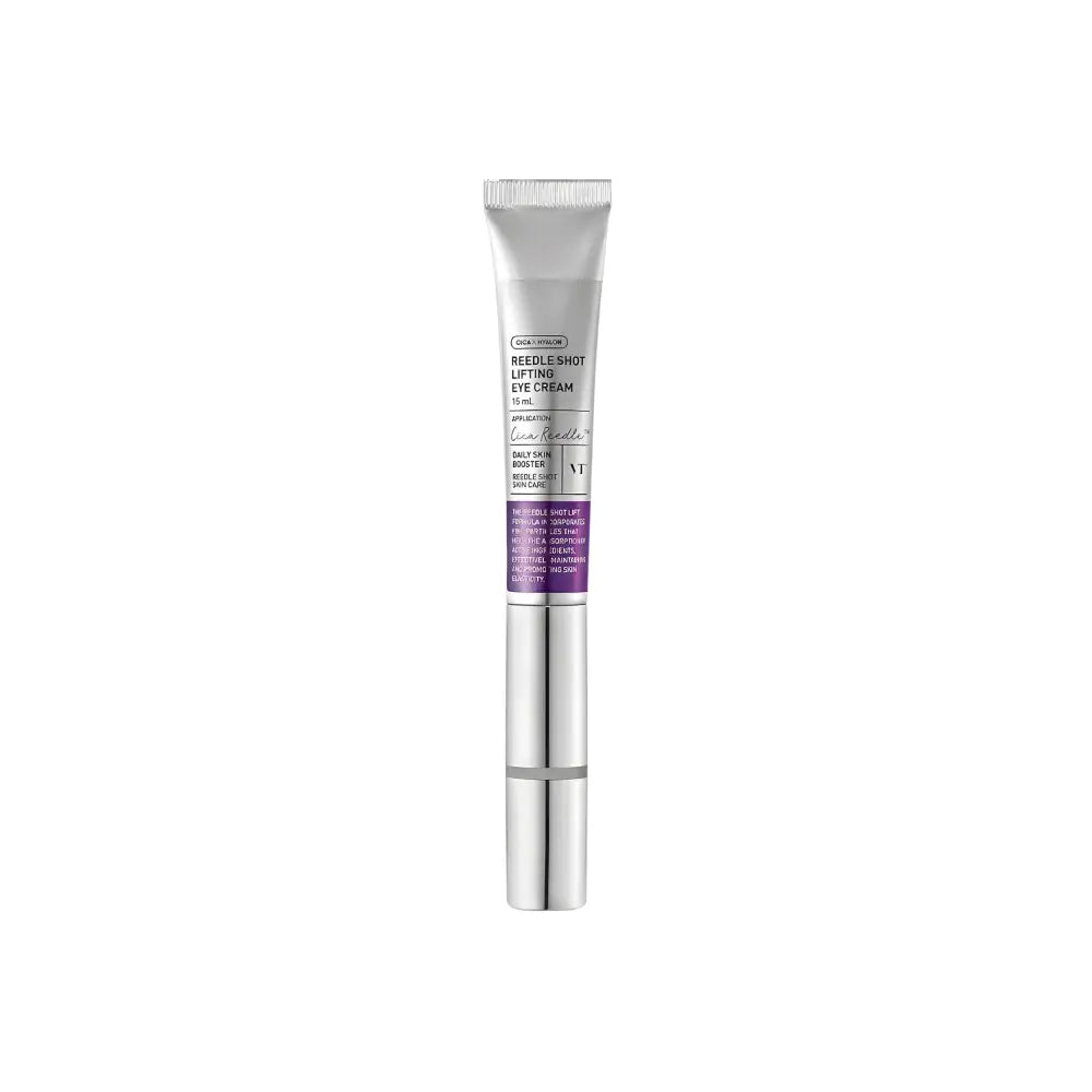 Silver tube of laneige reedle shot lifting eye cream 15ml with purple label and metallic cap for lifting eye cream use